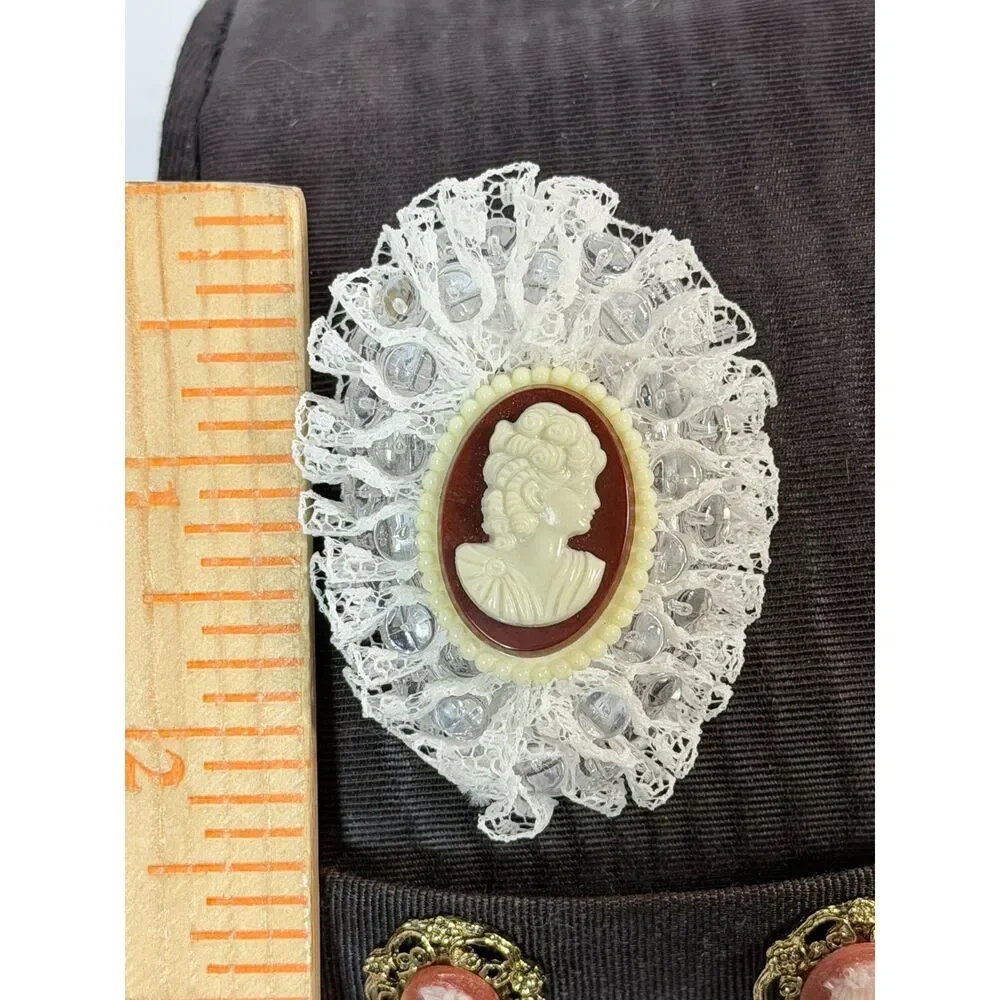 VTG Cameo Pink Resin Gold Tone Filigree Clip on Earrings Pin Brooch Victorian